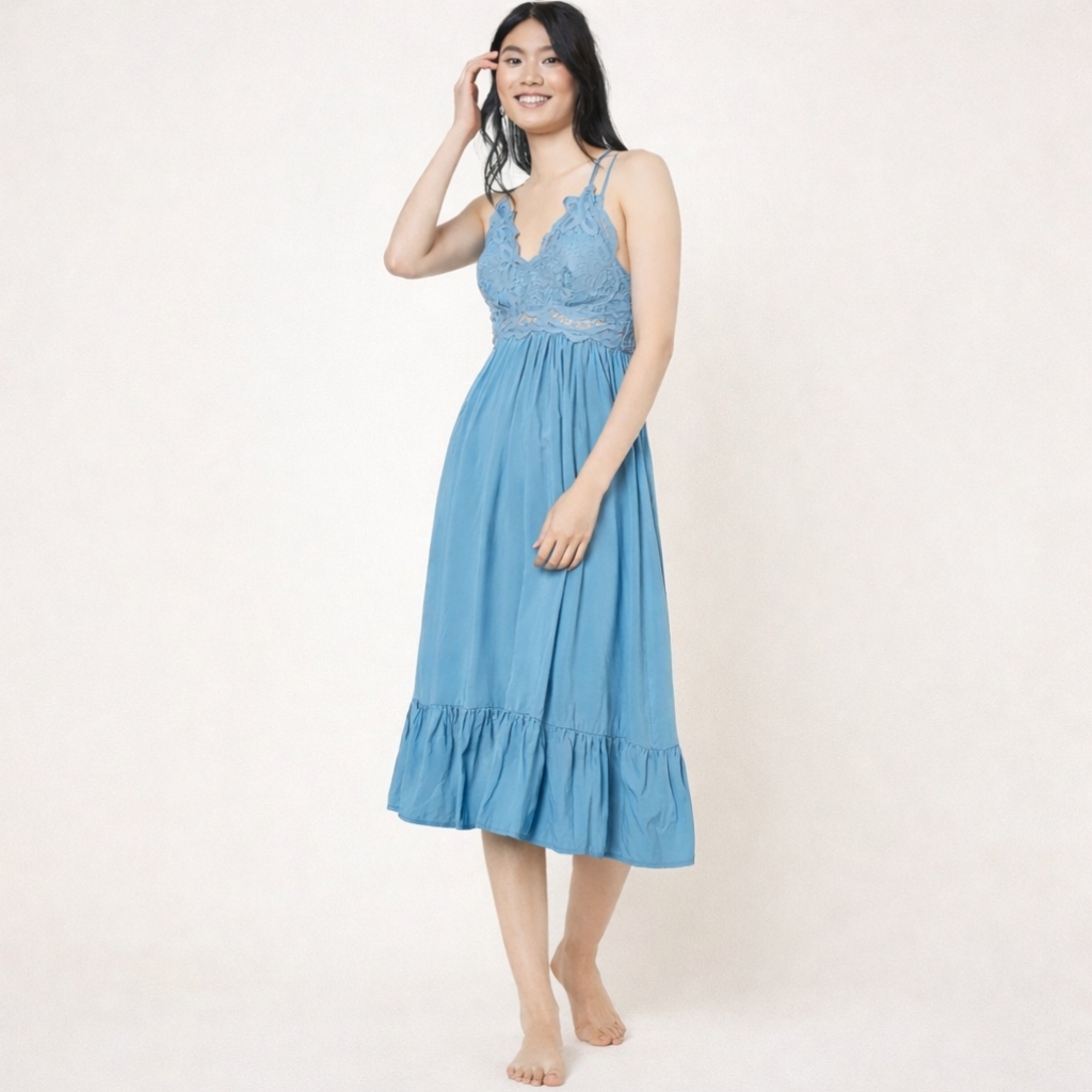 Hayden Empire Dusty Blue Lace Crochet Bodice Maxi Dress Sz Medium